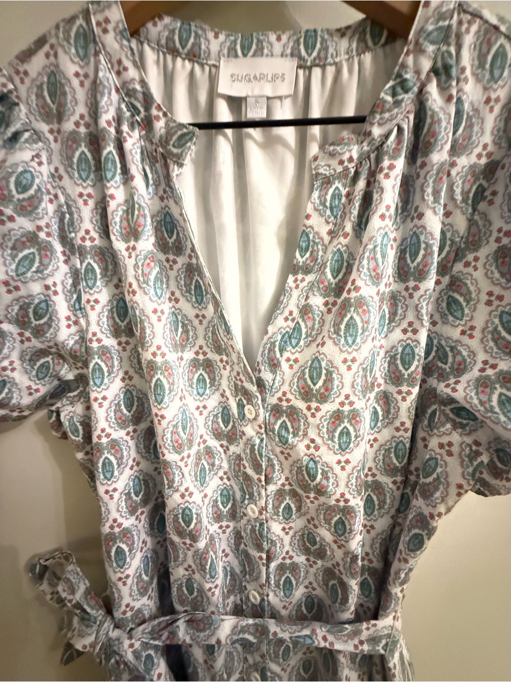 SugarLips Paisley Cotton Belted Midi Dress Size S Puff Sleeve Button Front - Picture 3 of 10